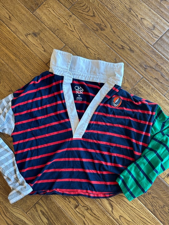 Chaser Tops - Chaser Navy, Red & Green Striped Rugby cropped Top grateful dead medium shirt